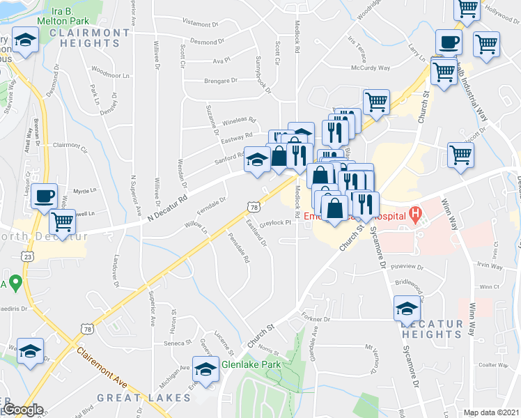 map of restaurants, bars, coffee shops, grocery stores, and more near 1429 Scott Boulevard in Decatur