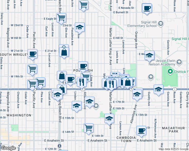 map of restaurants, bars, coffee shops, grocery stores, and more near 719 East 19th Street in Long Beach