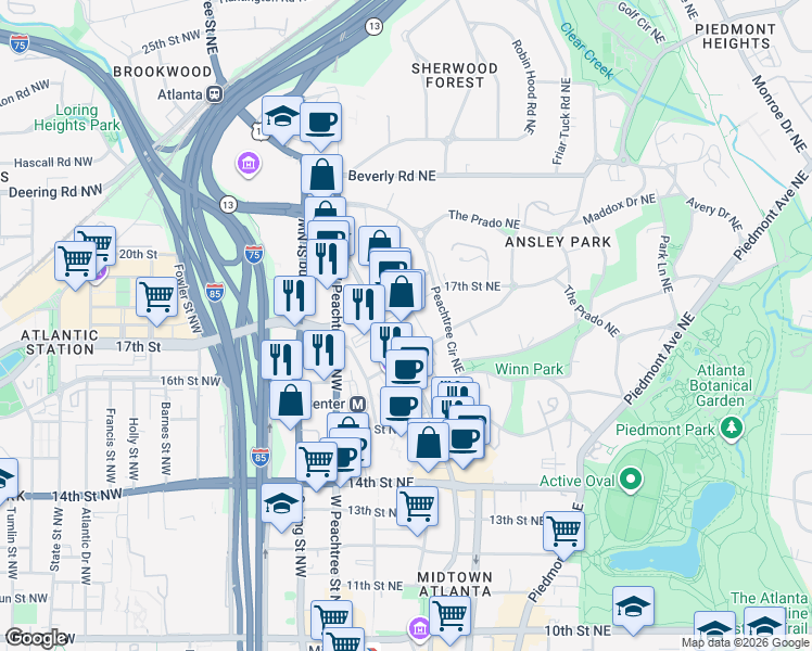 map of restaurants, bars, coffee shops, grocery stores, and more near 1355 Peachtree Street Northeast in Atlanta