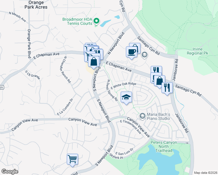 map of restaurants, bars, coffee shops, grocery stores, and more near 7721 East Appletree Lane in Orange