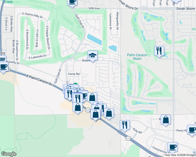 map of restaurants, bars, coffee shops, grocery stores, and more near 310 San Domingo Drive in Palm Springs