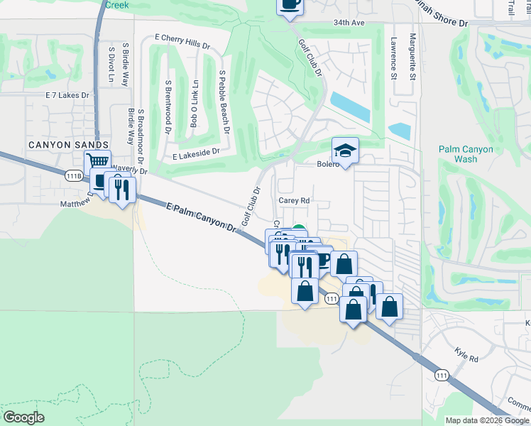 map of restaurants, bars, coffee shops, grocery stores, and more near 2700 Golf Club Drive in Palm Springs