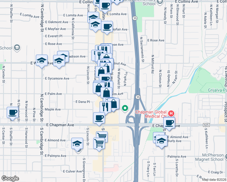 map of restaurants, bars, coffee shops, grocery stores, and more near 332 North Wayfield Street in Orange