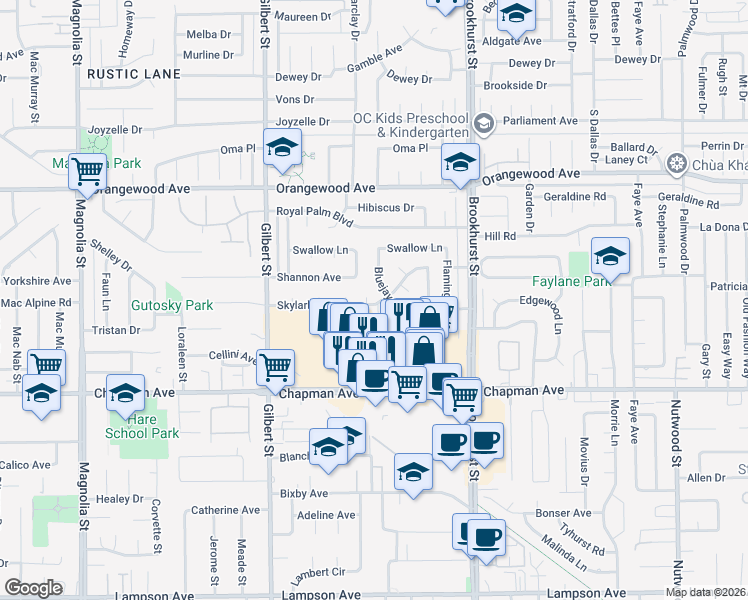 map of restaurants, bars, coffee shops, grocery stores, and more near 9741 Skylark Boulevard in Garden Grove