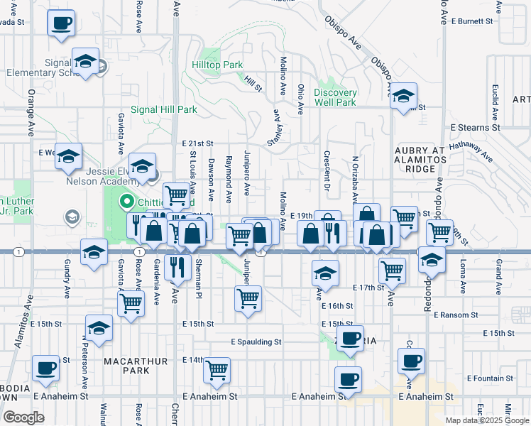 map of restaurants, bars, coffee shops, grocery stores, and more near 1921 Stanley Avenue in Signal Hill