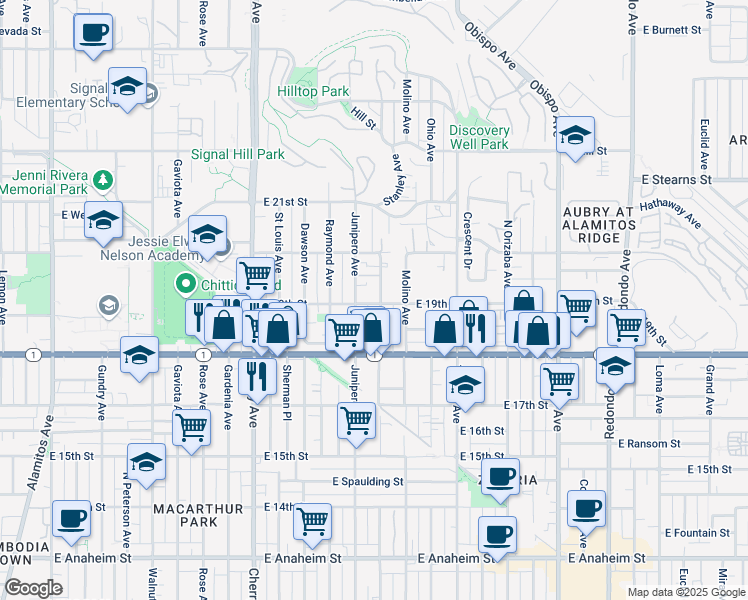 map of restaurants, bars, coffee shops, grocery stores, and more near 1921 Stanley Avenue in Signal Hill