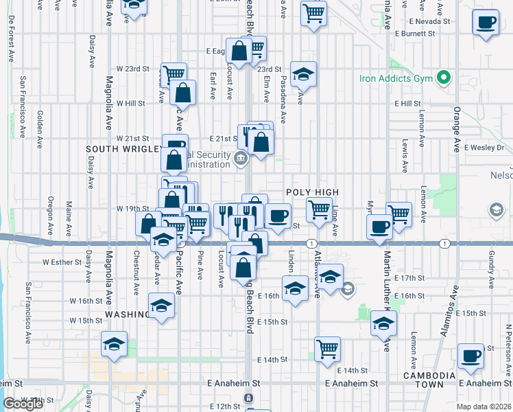 map of restaurants, bars, coffee shops, grocery stores, and more near 1945 Long Beach Boulevard in Long Beach