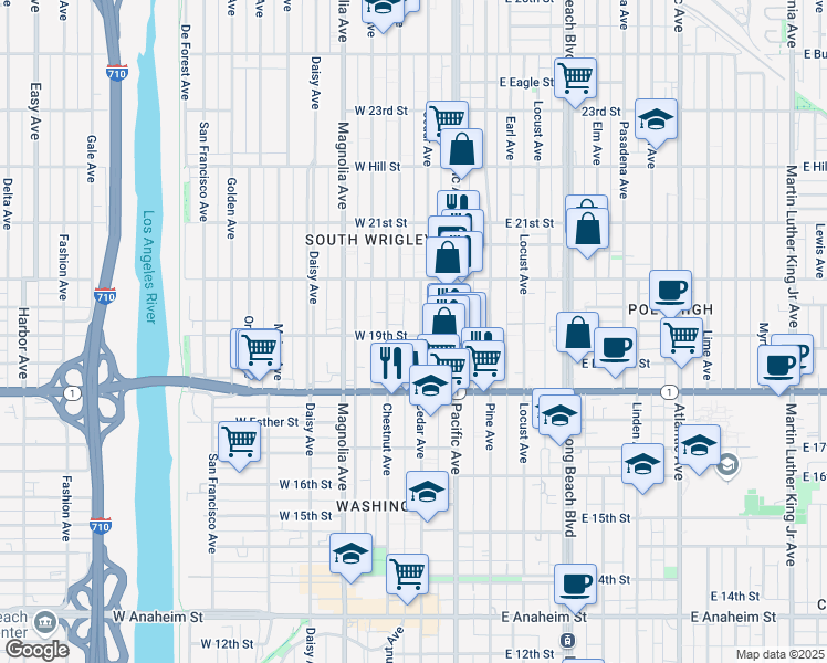 map of restaurants, bars, coffee shops, grocery stores, and more near 1911 Cedar Avenue in Long Beach