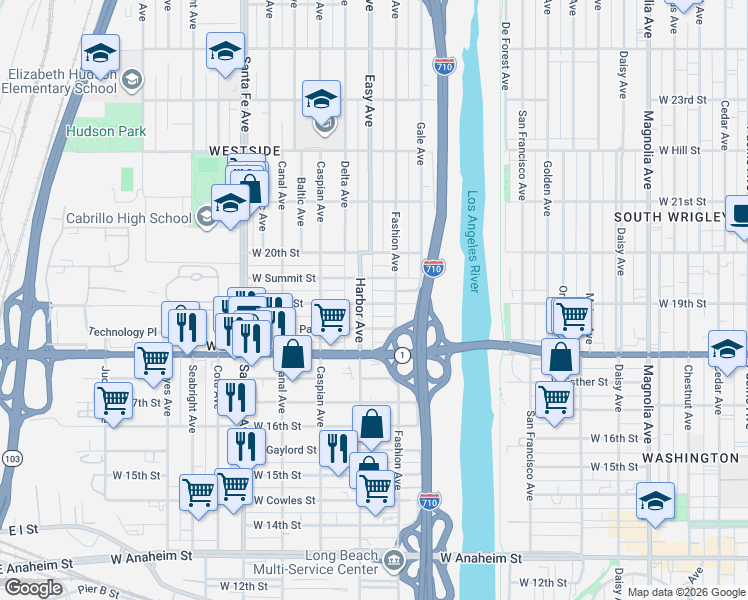 map of restaurants, bars, coffee shops, grocery stores, and more near 1910 Harbor Avenue in Long Beach