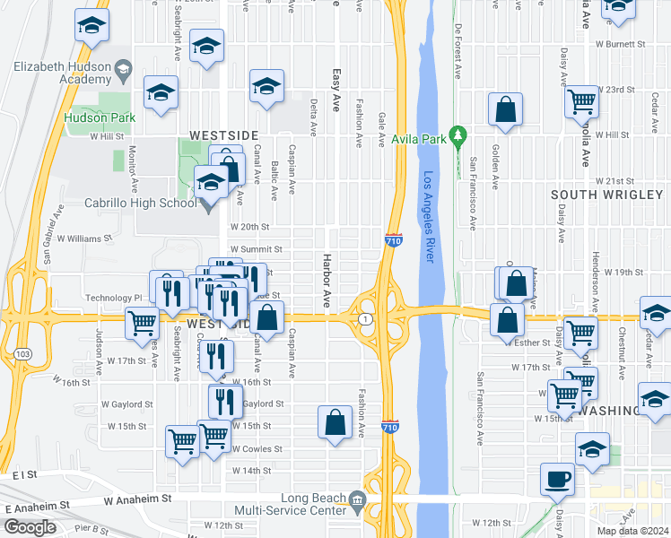 map of restaurants, bars, coffee shops, grocery stores, and more near 1910 Harbor Avenue in Long Beach