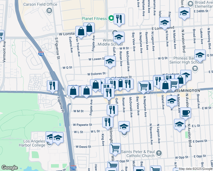 map of restaurants, bars, coffee shops, grocery stores, and more near 1451 Wilmington Boulevard in Los Angeles