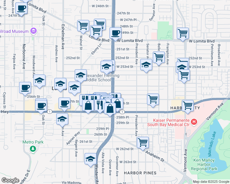 map of restaurants, bars, coffee shops, grocery stores, and more near 25511 South Western Avenue in Lomita