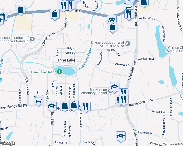 map of restaurants, bars, coffee shops, grocery stores, and more near 4598 Plum Orchard Lane in Stone Mountain
