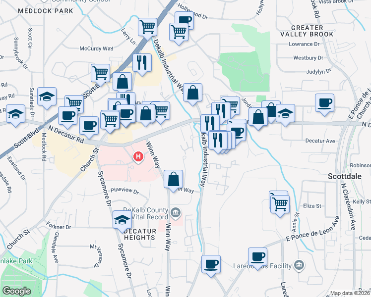 map of restaurants, bars, coffee shops, grocery stores, and more near 1102 Stratford Commons in Decatur
