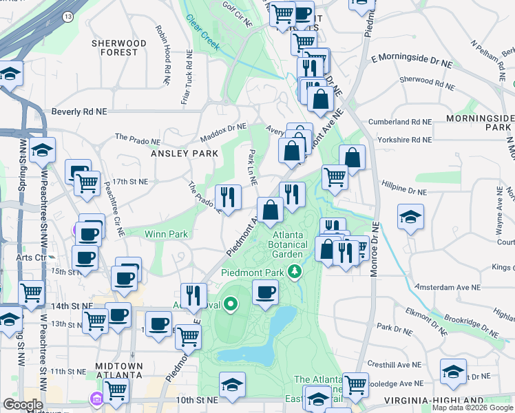 map of restaurants, bars, coffee shops, grocery stores, and more near 15 The Prado Northeast in Atlanta