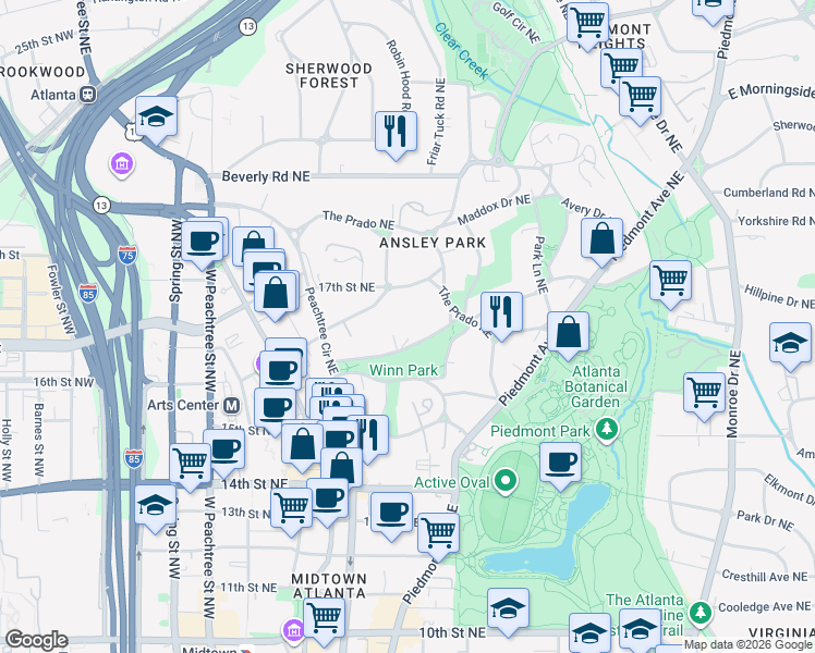 map of restaurants, bars, coffee shops, grocery stores, and more near 80 Westminster Drive Northeast in Atlanta
