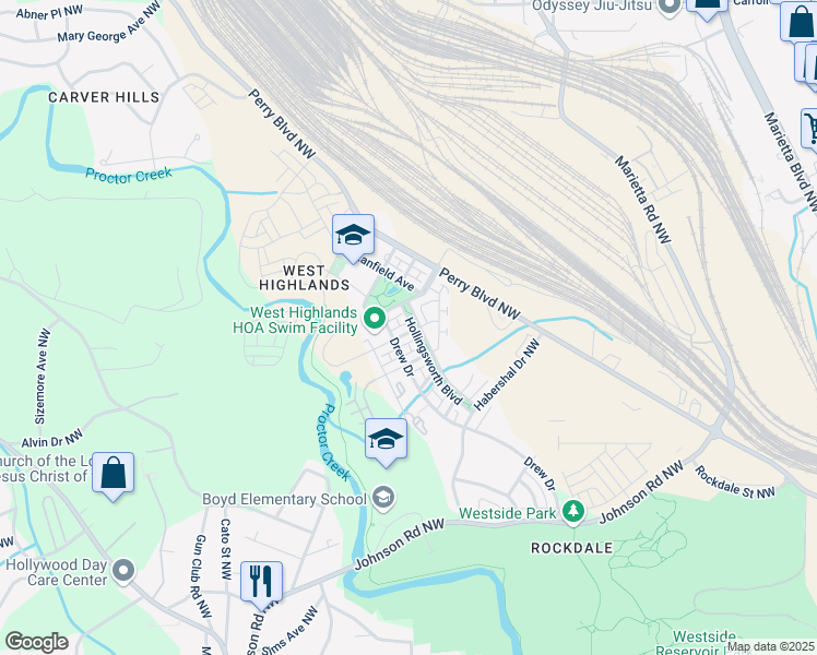 map of restaurants, bars, coffee shops, grocery stores, and more near 970 Samples Lane Northwest in Atlanta