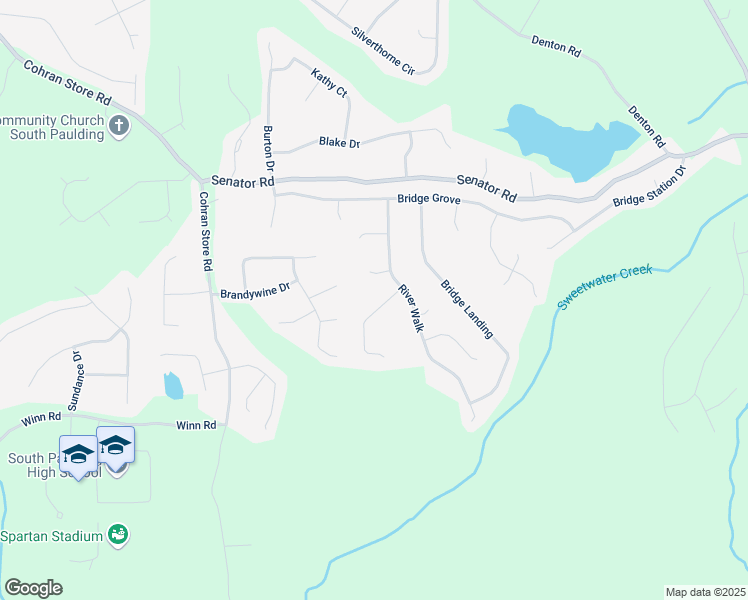 map of restaurants, bars, coffee shops, grocery stores, and more near 76 Riverbend Trail in Douglasville