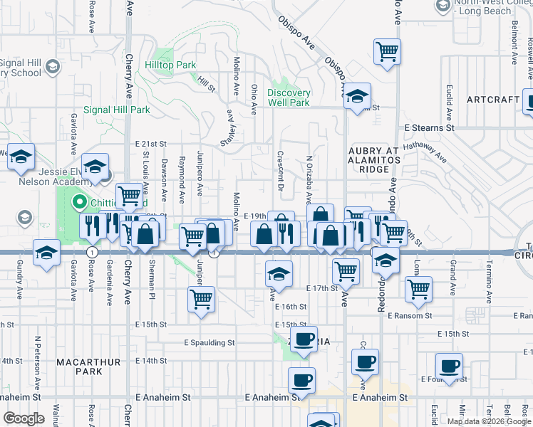 map of restaurants, bars, coffee shops, grocery stores, and more near 1903 Temple Avenue in Signal Hill