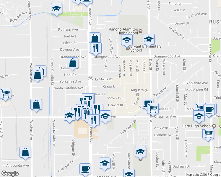 map of restaurants, bars, coffee shops, grocery stores, and more near 8151 Bever Place in Stanton