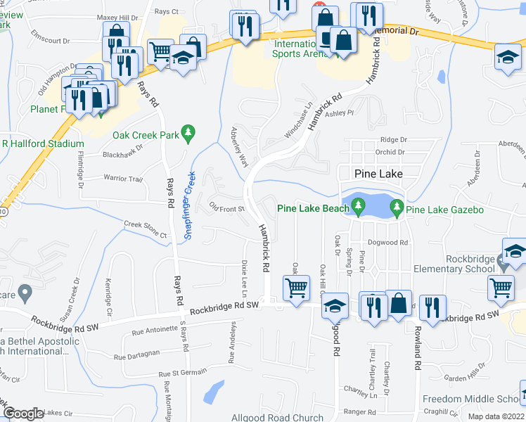 map of restaurants, bars, coffee shops, grocery stores, and more near 568 Hambrick Square in Stone Mountain