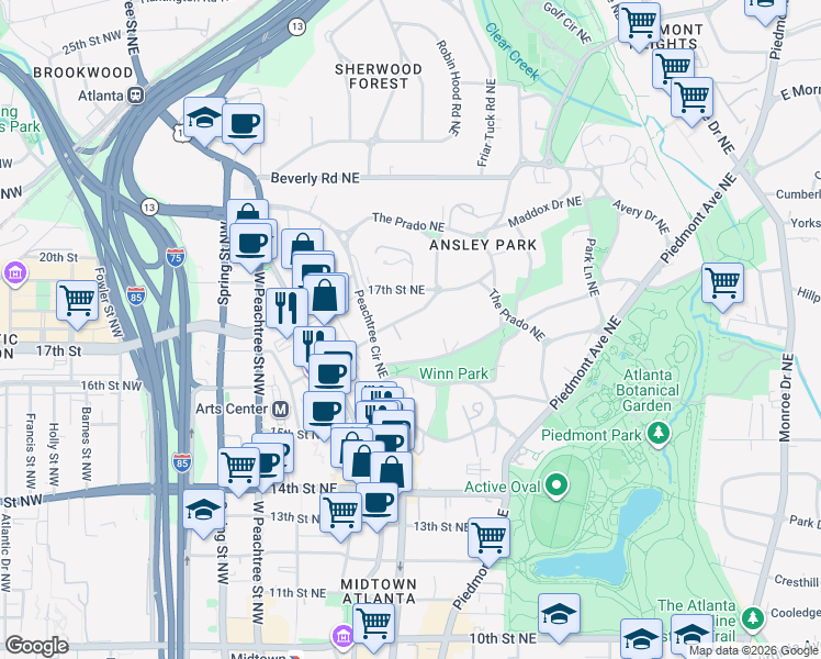 map of restaurants, bars, coffee shops, grocery stores, and more near 26 Inman Circle Northeast in Atlanta