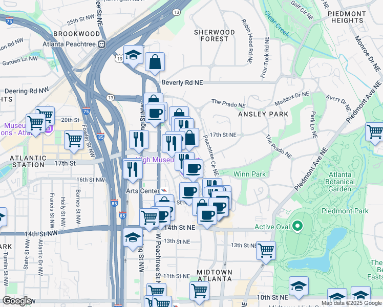 map of restaurants, bars, coffee shops, grocery stores, and more near 1365 Peachtree Street Northeast in Atlanta