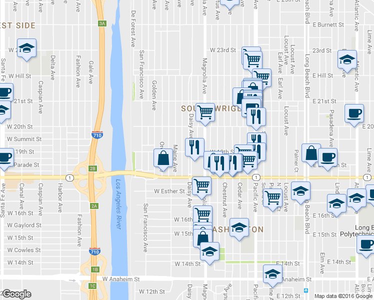 map of restaurants, bars, coffee shops, grocery stores, and more near 601 West 19th Street in Long Beach