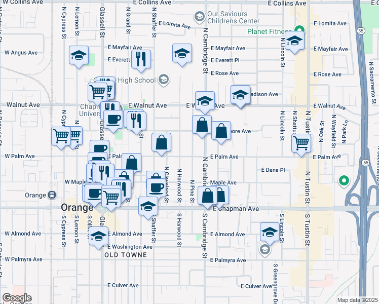map of restaurants, bars, coffee shops, grocery stores, and more near 318 North Pine Street in Orange