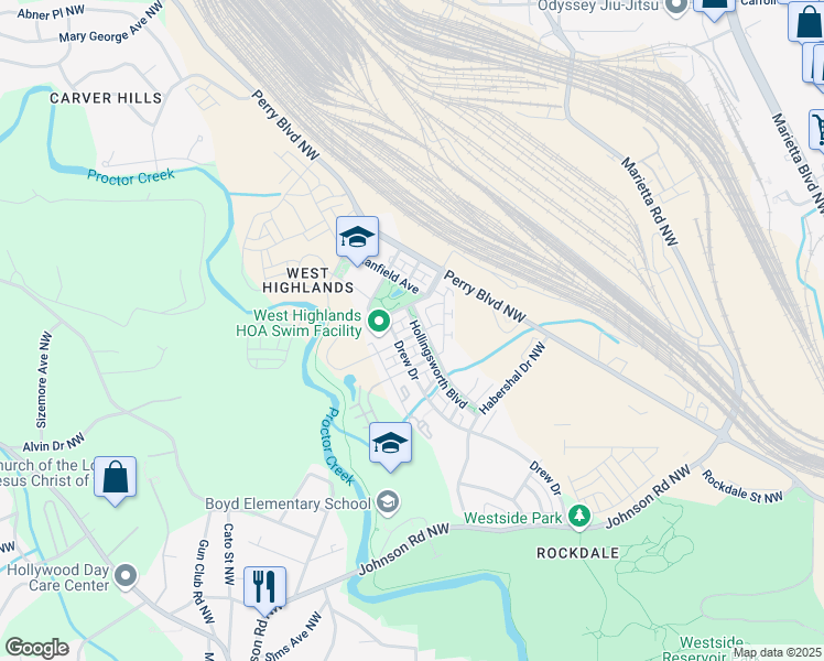 map of restaurants, bars, coffee shops, grocery stores, and more near 970 Samples Lane Northwest in Atlanta