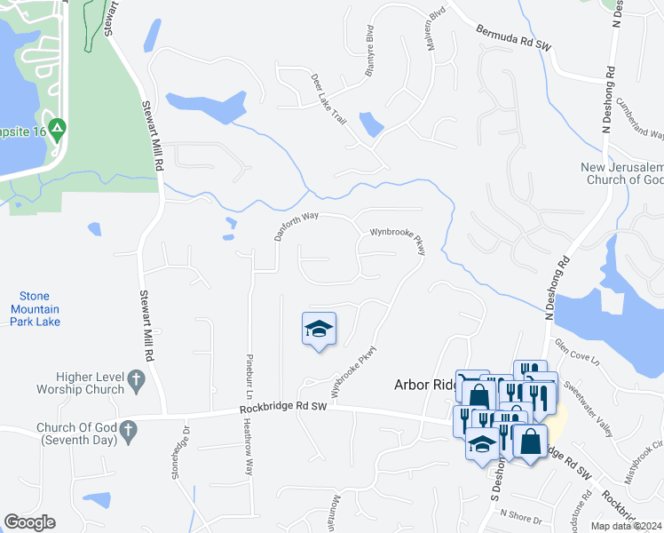 map of restaurants, bars, coffee shops, grocery stores, and more near 587 Wynmeadow Court in Stone Mountain