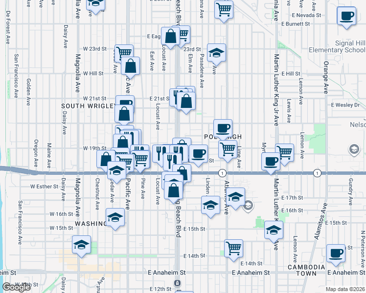 map of restaurants, bars, coffee shops, grocery stores, and more near 1900 Long Beach Boulevard in Long Beach