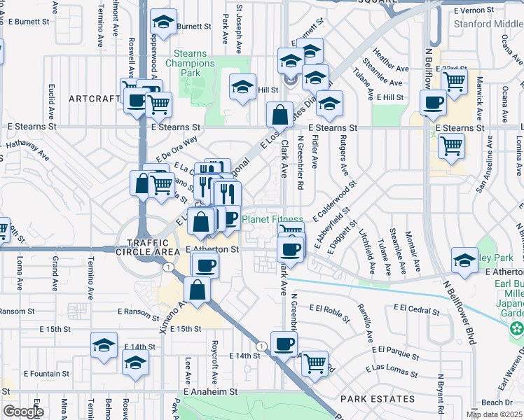 map of restaurants, bars, coffee shops, grocery stores, and more near 8 East Garford Street in Long Beach