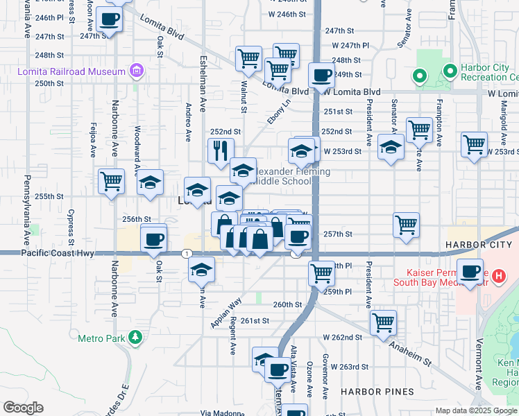map of restaurants, bars, coffee shops, grocery stores, and more near 1847 256th Street West in Lomita