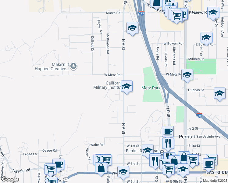 map of restaurants, bars, coffee shops, grocery stores, and more near 450 Quail Court in Perris