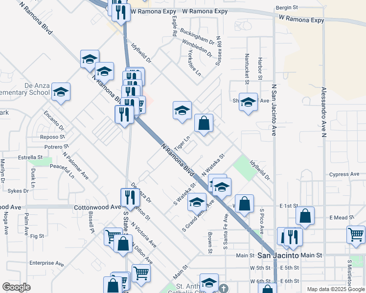map of restaurants, bars, coffee shops, grocery stores, and more near 115 Tiger Lane in San Jacinto