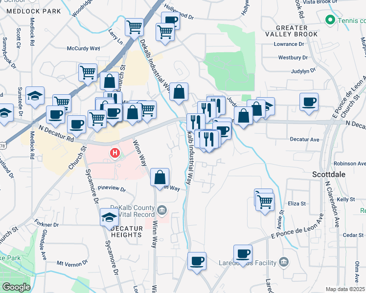 map of restaurants, bars, coffee shops, grocery stores, and more near 4201 Stratford Commons in Decatur