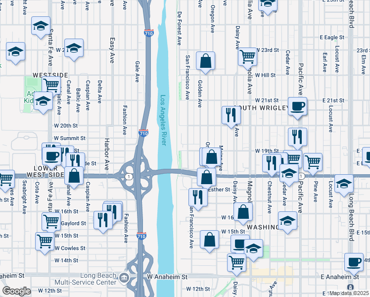 map of restaurants, bars, coffee shops, grocery stores, and more near 913 West 19th Street in Long Beach