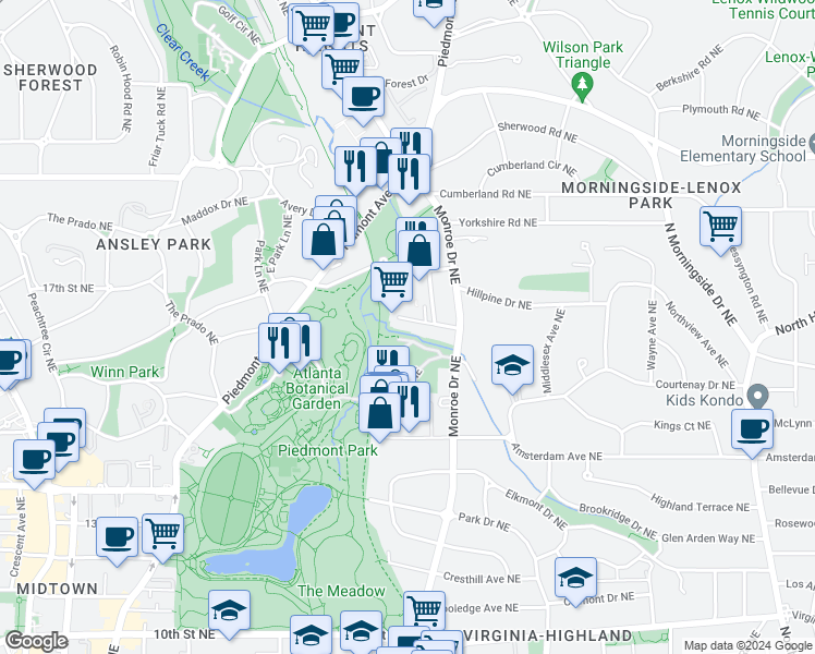 map of restaurants, bars, coffee shops, grocery stores, and more near 555 Dutch Valley Road Northeast in Atlanta