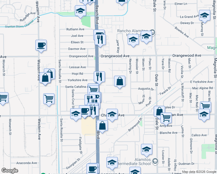 map of restaurants, bars, coffee shops, grocery stores, and more near 8069 Bever Place in Stanton