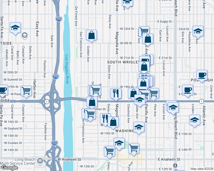 map of restaurants, bars, coffee shops, grocery stores, and more near 601 West 19th Street in Long Beach