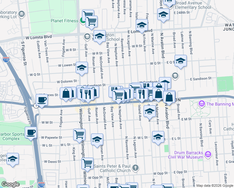 map of restaurants, bars, coffee shops, grocery stores, and more near 1433 North Neptune Avenue in Los Angeles