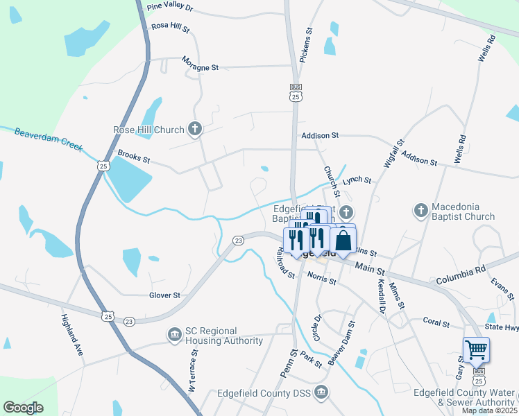 map of restaurants, bars, coffee shops, grocery stores, and more near 299 Woodland Avenue in Edgefield