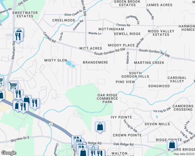 map of restaurants, bars, coffee shops, grocery stores, and more near 6711 Oak Ridge Commerce Way in Austell