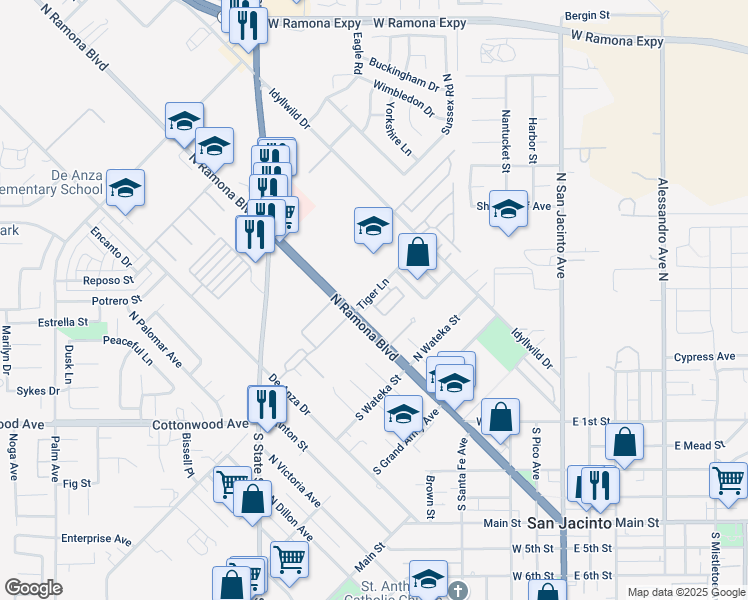 map of restaurants, bars, coffee shops, grocery stores, and more near 115 Tiger Lane in San Jacinto