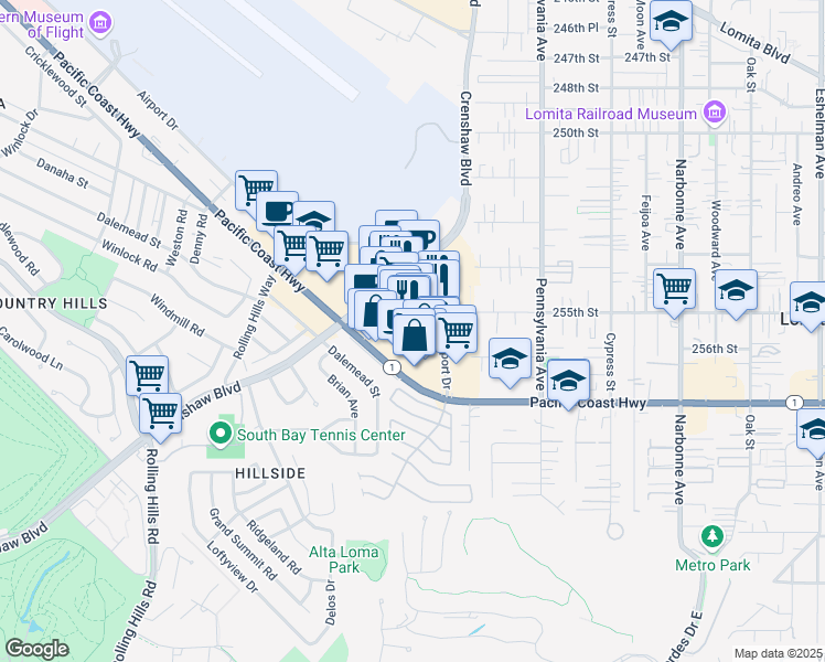 map of restaurants, bars, coffee shops, grocery stores, and more near 2613 Pacific Coast Highway in Torrance