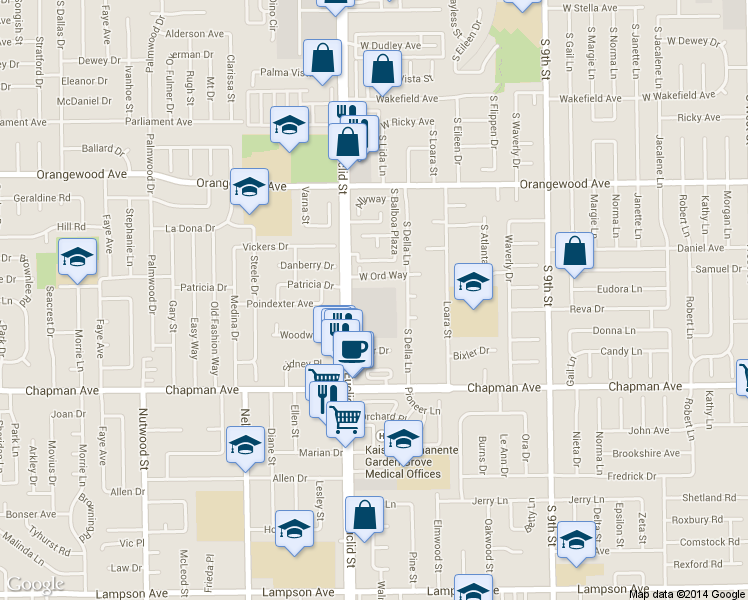 map of restaurants, bars, coffee shops, grocery stores, and more near 11750 South Euclid Street in Garden Grove
