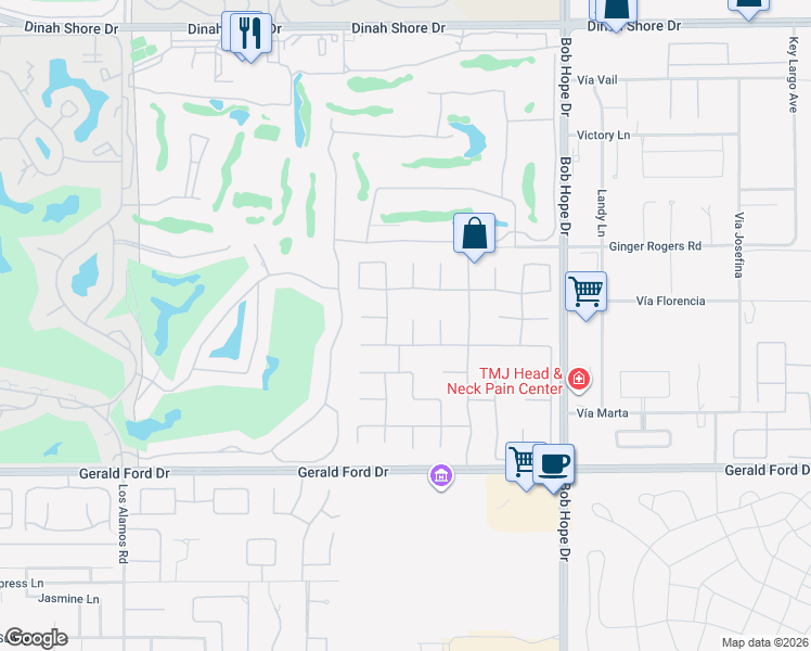 map of restaurants, bars, coffee shops, grocery stores, and more near 5 Thatcher Court in Rancho Mirage