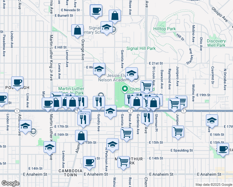map of restaurants, bars, coffee shops, grocery stores, and more near 1900 Walnut Avenue in Long Beach