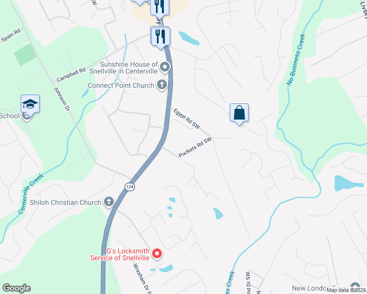 map of restaurants, bars, coffee shops, grocery stores, and more near 3975 Pucketts Road in Snellville
